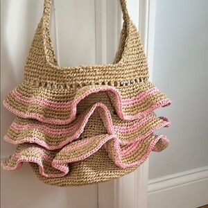 Tan and Pink Ruffled Crochet Shoulder Bag